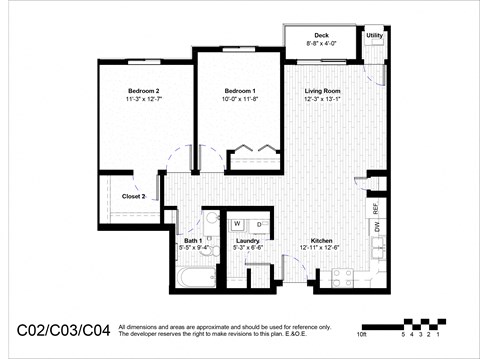 Floor plan for 2 beds, 1 bath, 910 sqft